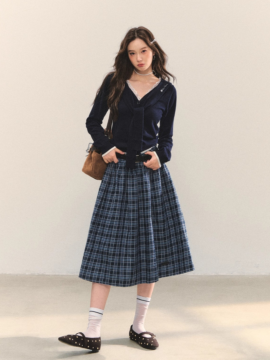 Lace-Trim Tie Knit Blouse
