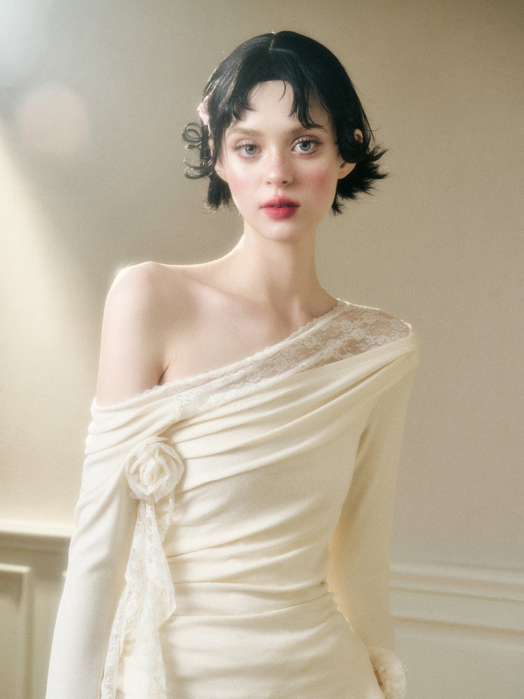 Lace Floral Asymmetrical Off-Shoulder Top & Skirt Set