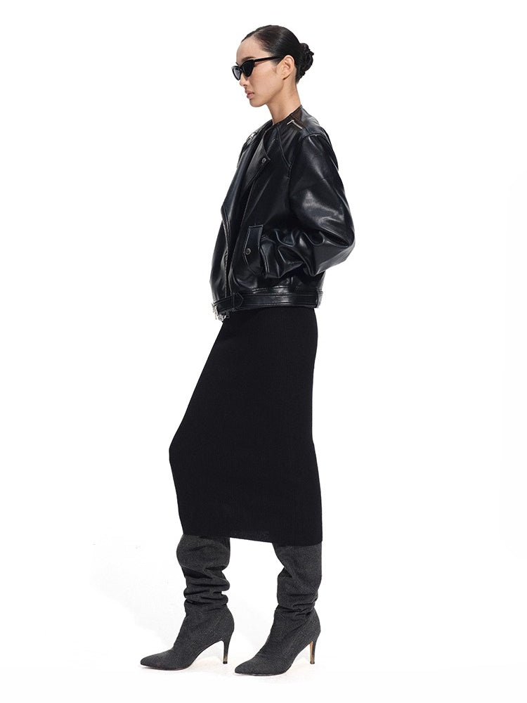 "Dejembe Series"Satin-Finish PU Leather Moto Jacket