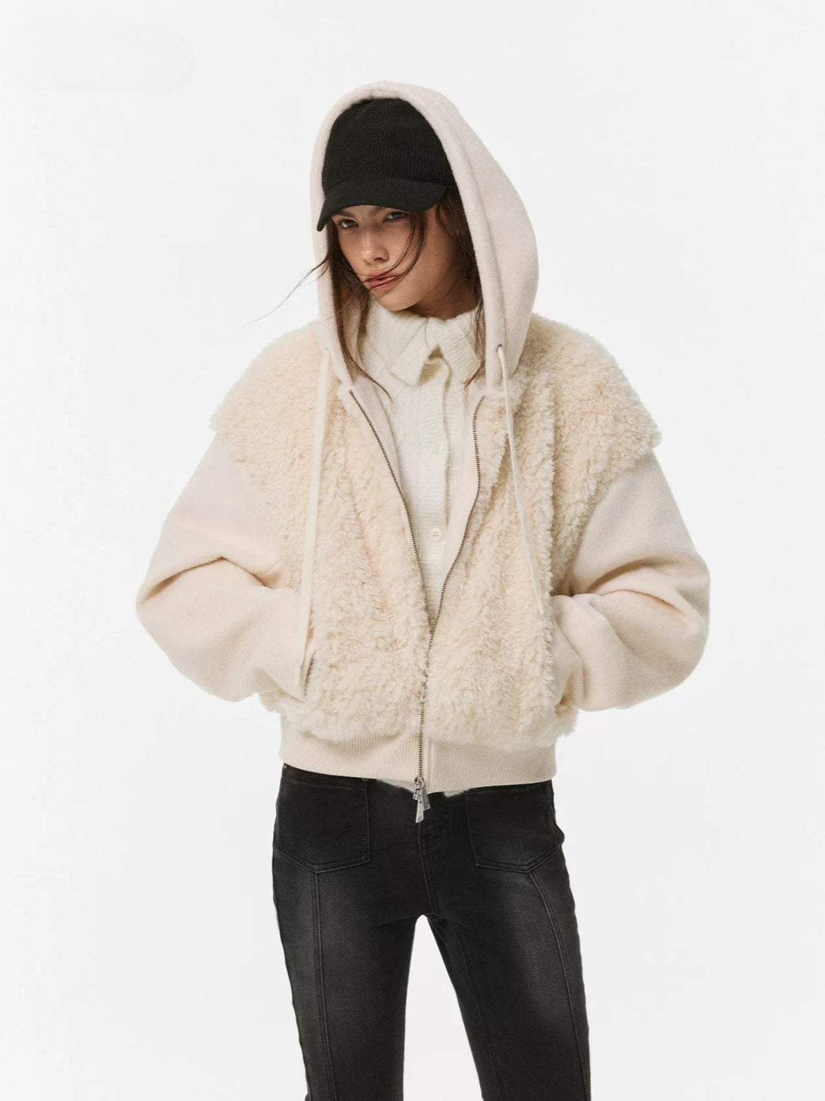 Textured Panel Hooded Wool-Blend Jacket