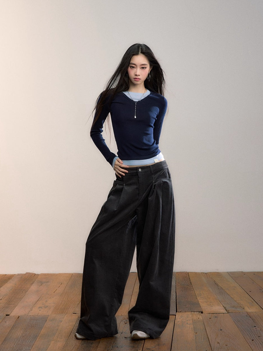 Dark Gray Pleated Corduroy Retro Casual Trousers