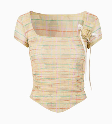 Pink & Yellow & Black Fitted Plaid Square Neck Top