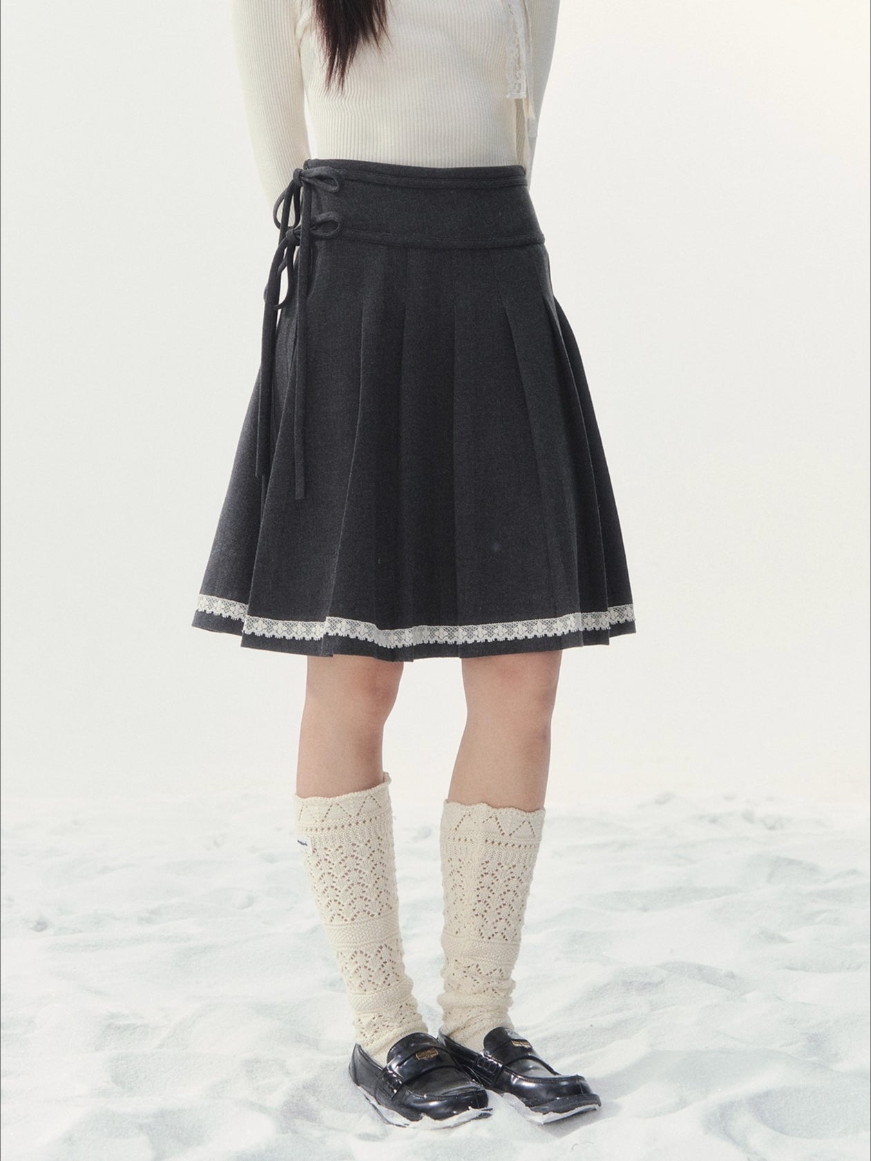 Brown & Gray Wool Pleated Lace Skirt