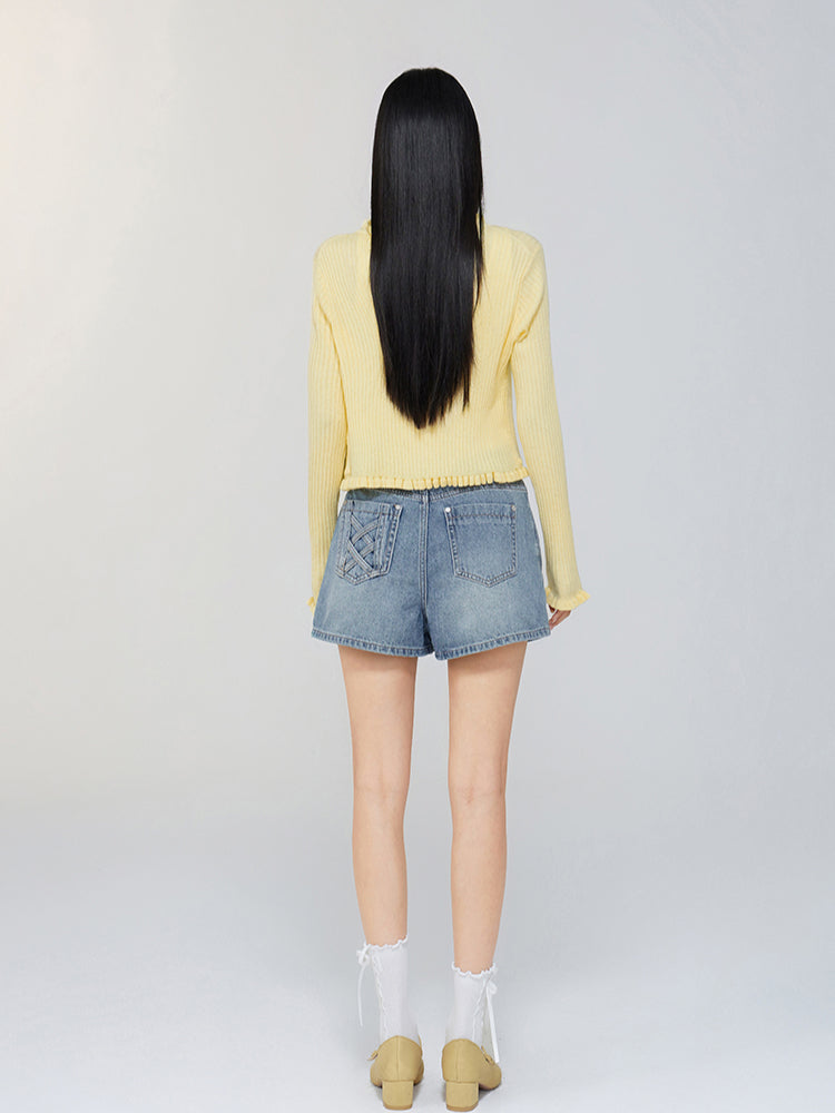 V - neck Ruffled Tie - front Knit Cardigan