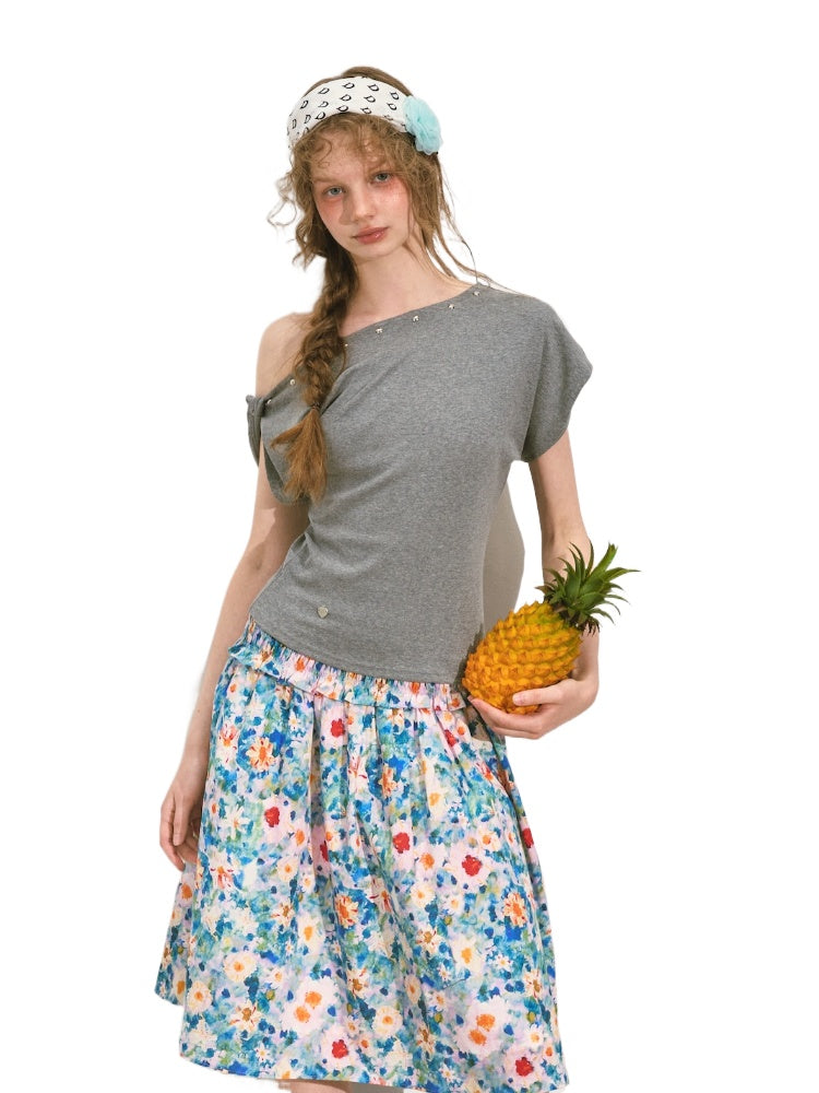 Off-Shoulder Asymmetric Twist Knot Half-sleeve Top