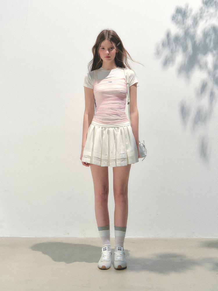 Contrast Color Fake Two-piece Mesh Lace Short-sleeve T-shirt
