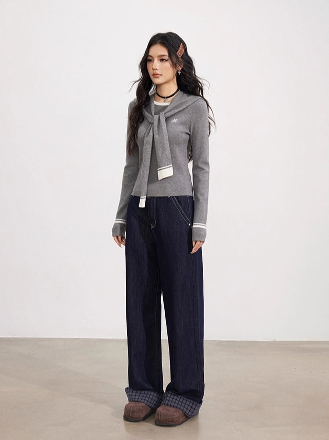 Gray & Blue Shoulder Crewneck Layer & Cape Set