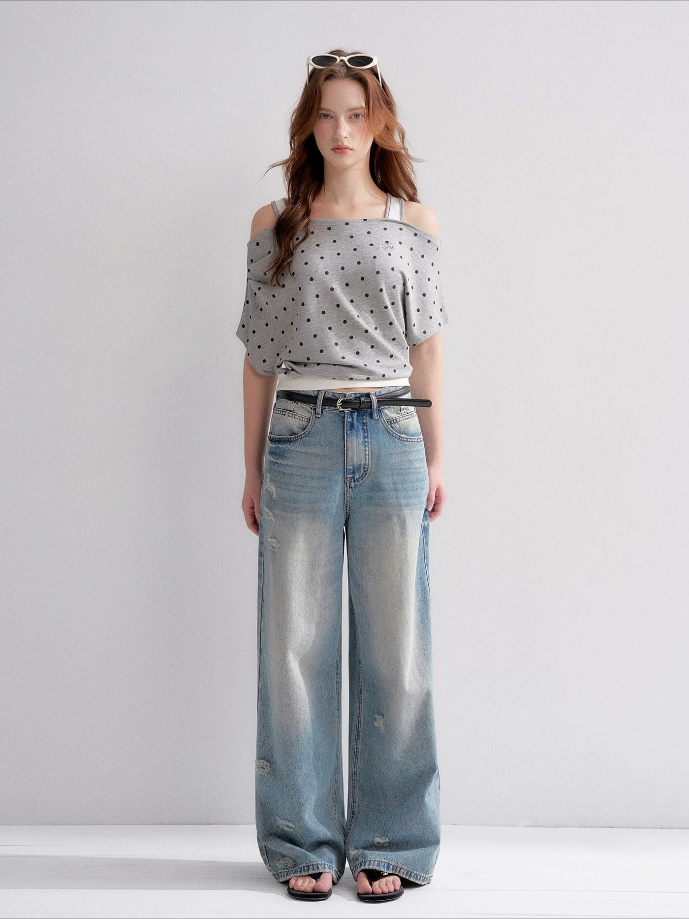 Washed Distressed Wide-Leg Jeans