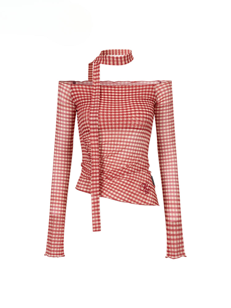 Plaid Mesh Ribbon Sunshade Long Sleeve T-shirt