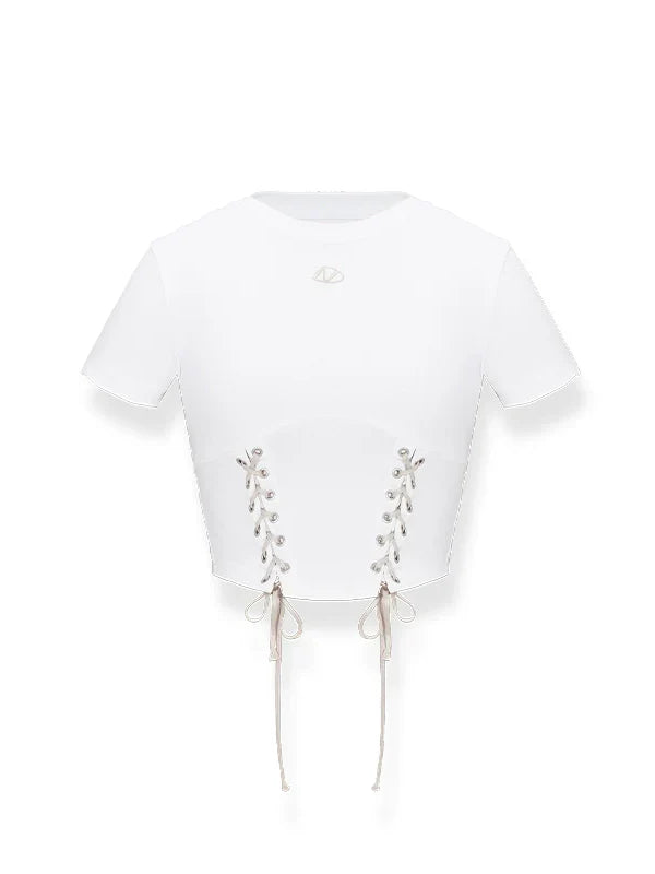 Color-Blocked Belted Straight-Shoulder Short Sleeve Top
