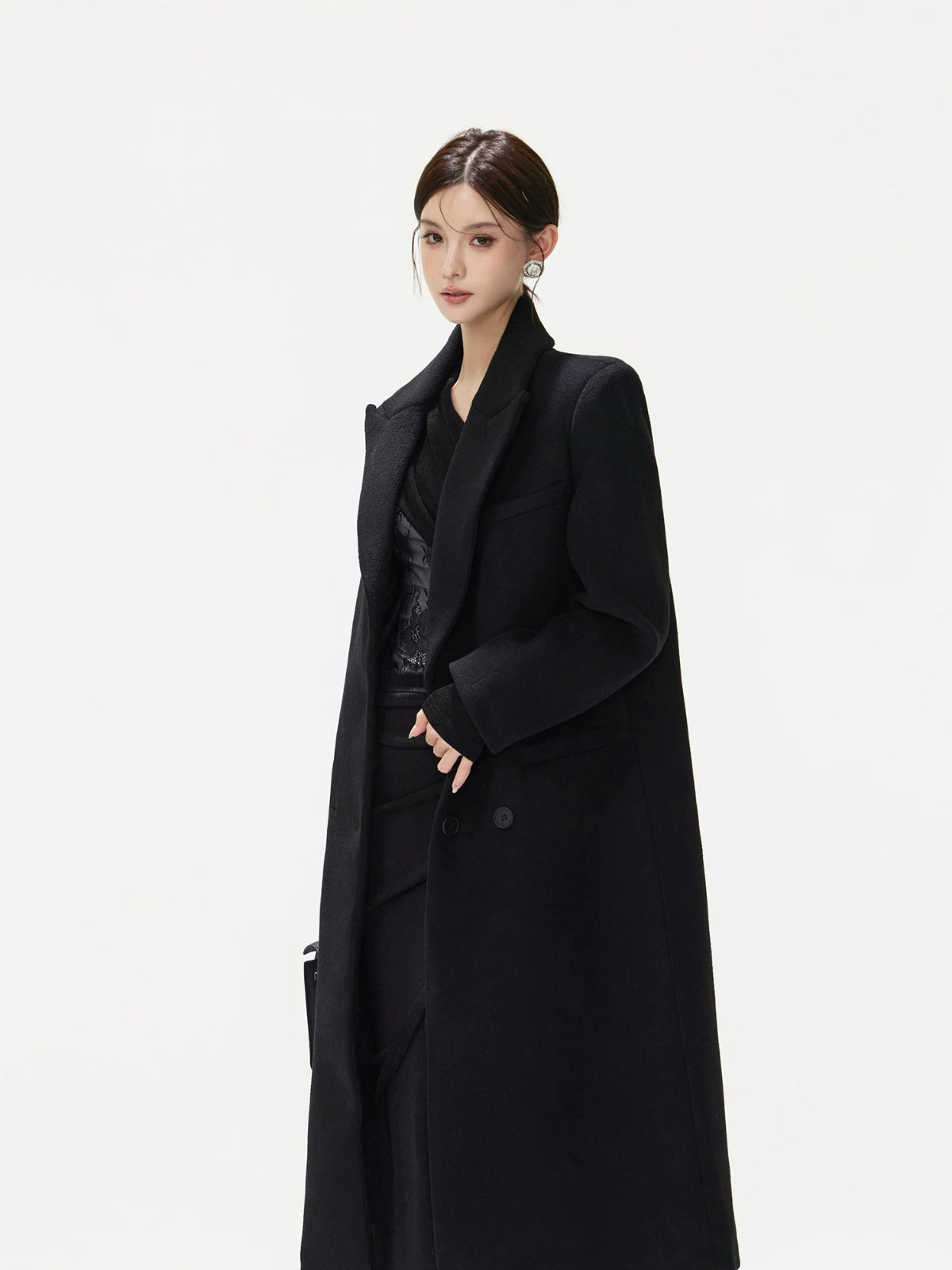 Black Tailored Wool Blend Long Coat