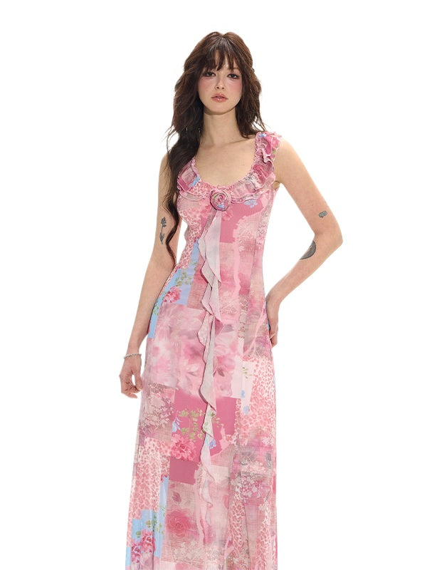Pink Ruffle Floral Vacation Dress