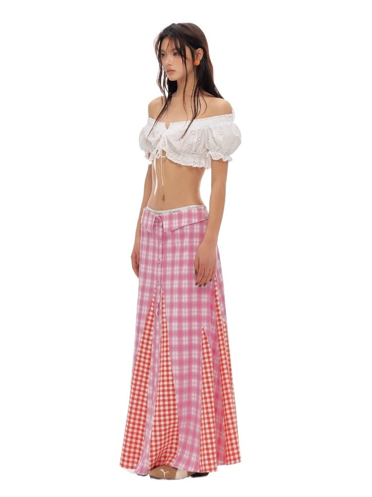 Pink Plaid Panel Skirt