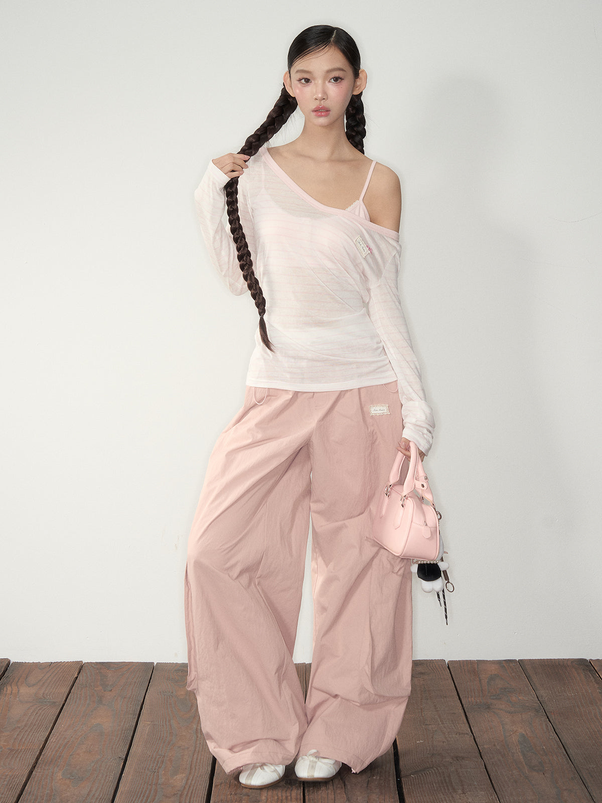 Pink & White Parachute Wide-Leg Pants