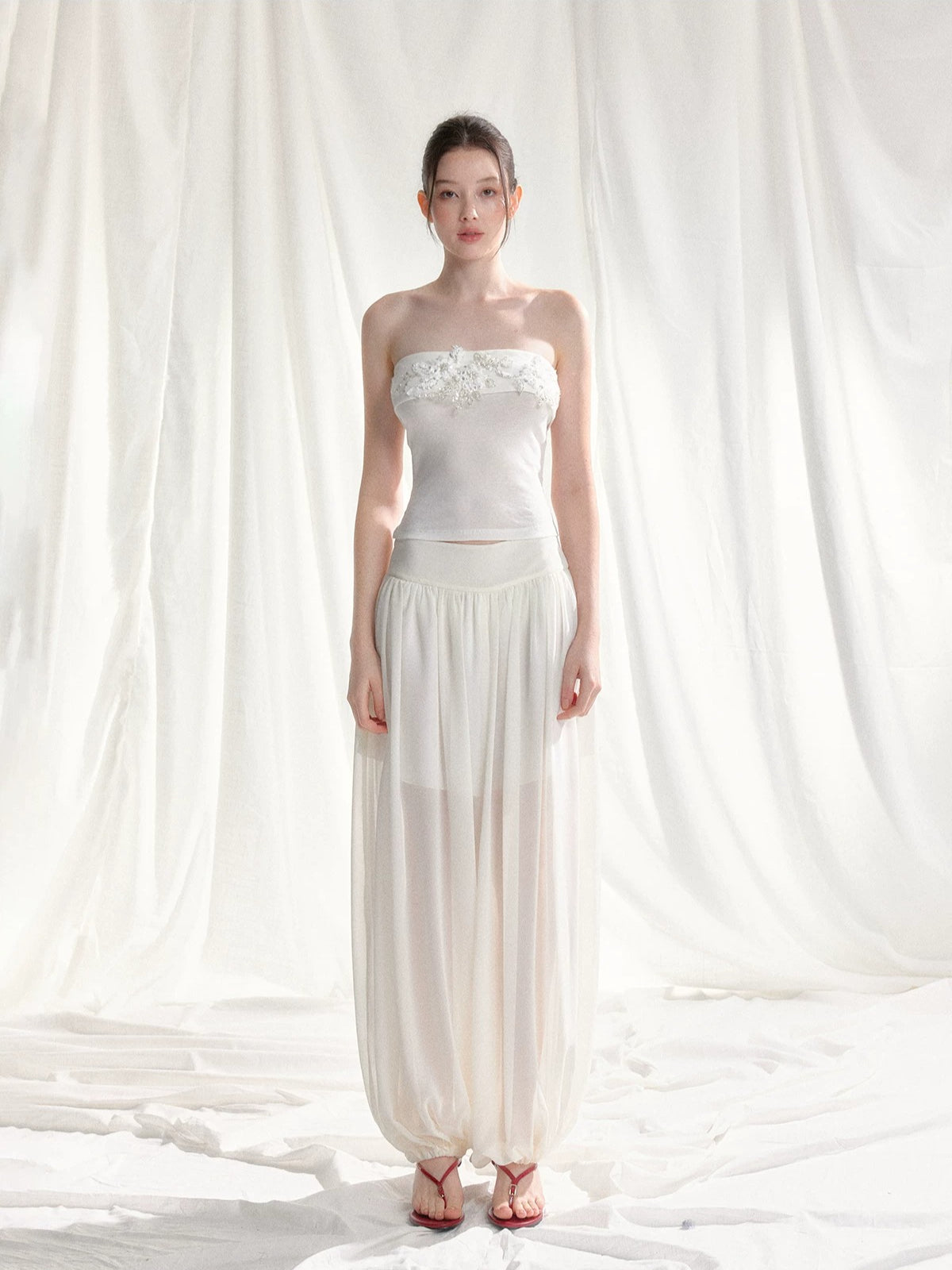 Floral Appliqué Bustier & Mesh Pants Set