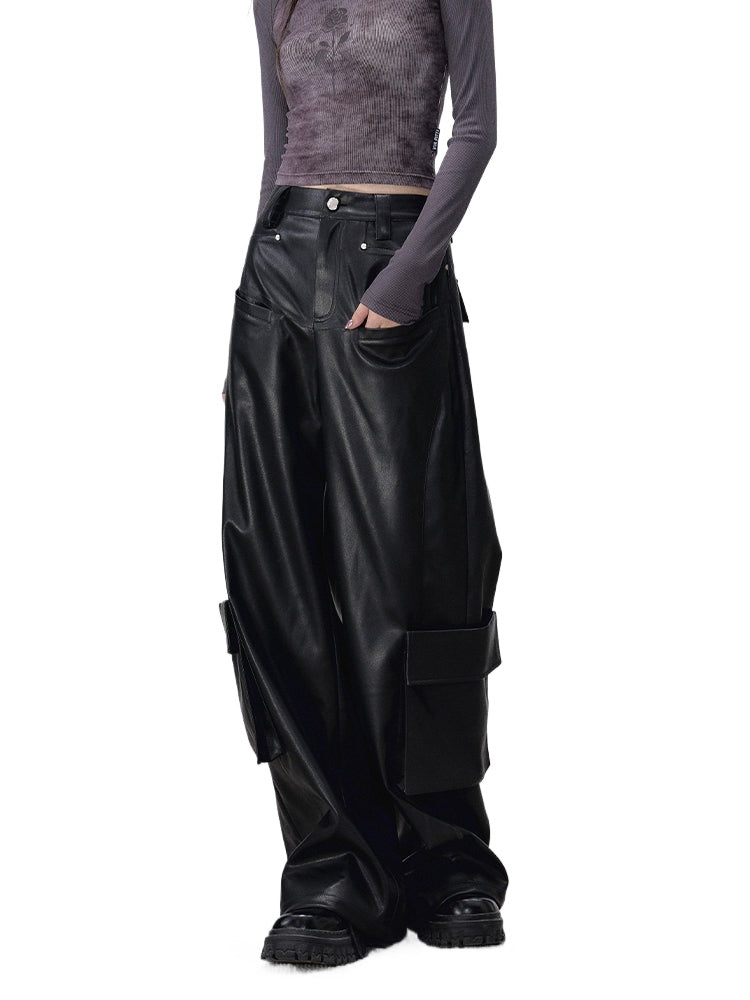 Black Rivet Straight Leather Pants
