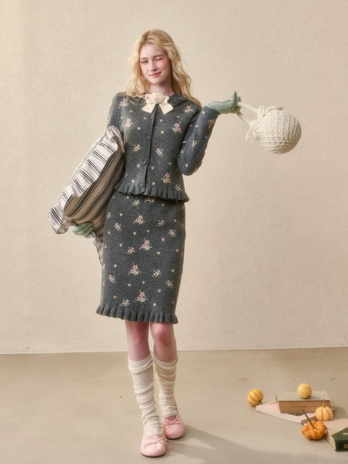 Floral Knit Cardigan & Skirt Set