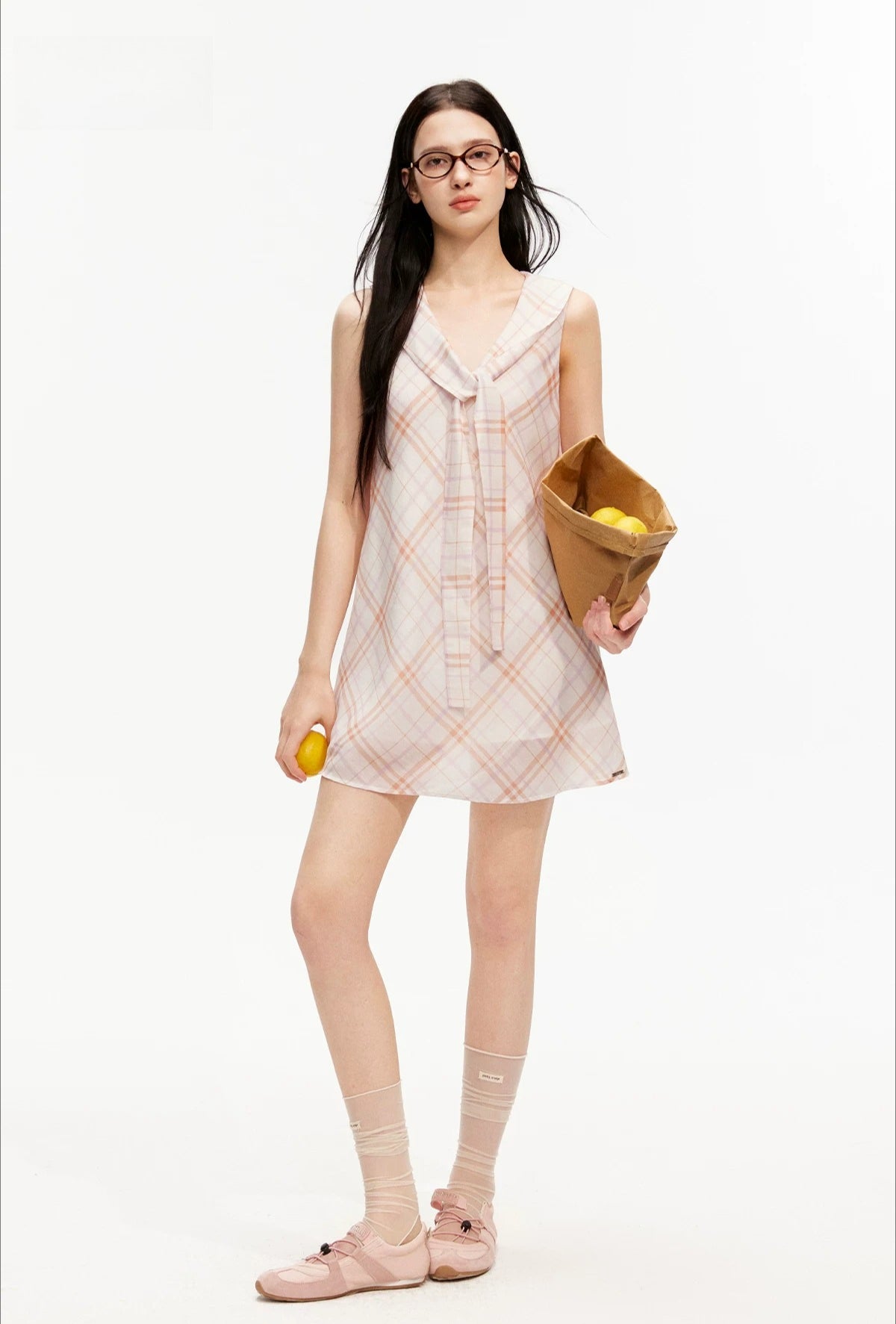 Pink Plaid Sleeveless Tie Neck Dress