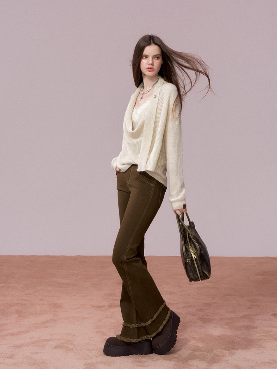 Ripped Hem Fitted Flared Denim Jeans