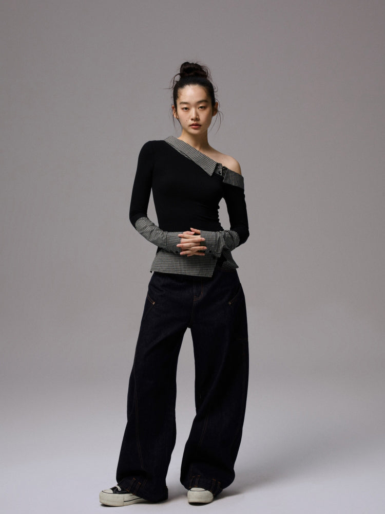 Double Waistband Raw Denim Wide-Leg Jeans