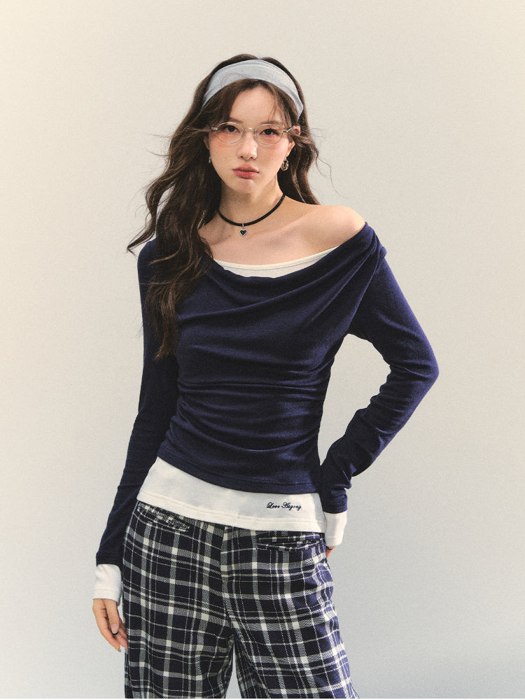 Dangle Collar Fake Two-Piece Color-Blocked Blouse