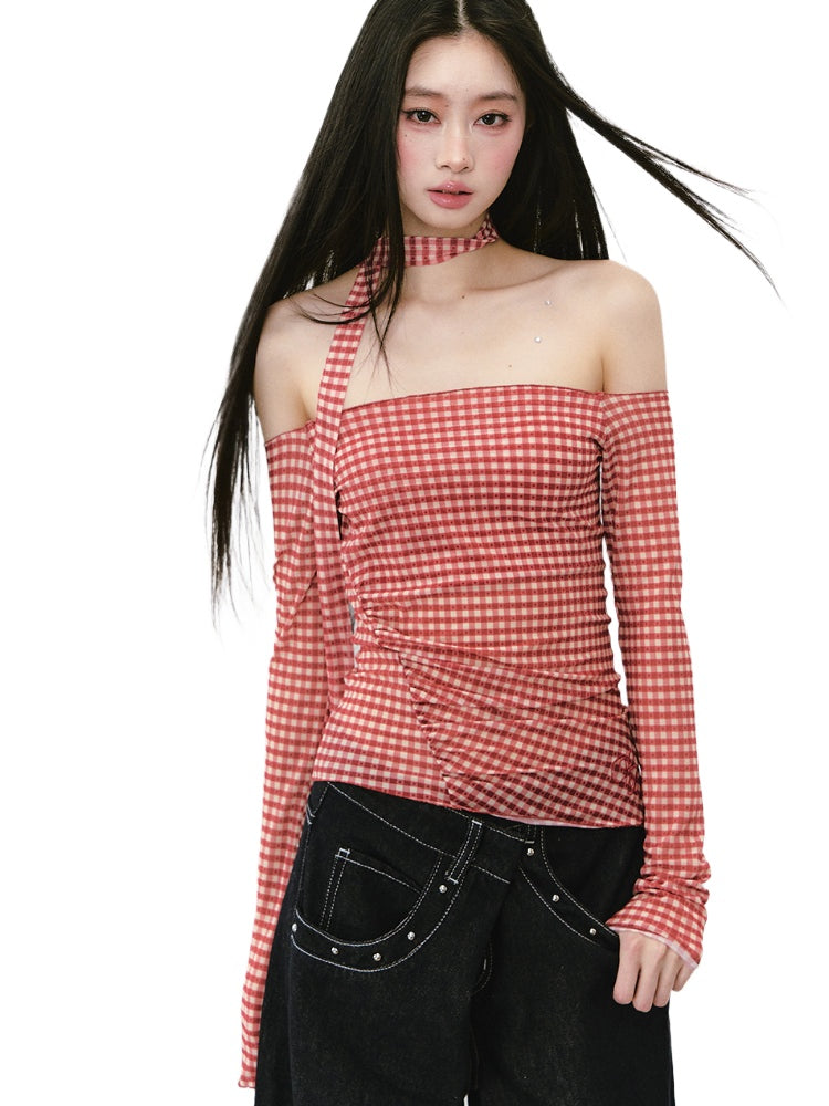 Plaid Mesh Ribbon Sunshade Long Sleeve T-shirt