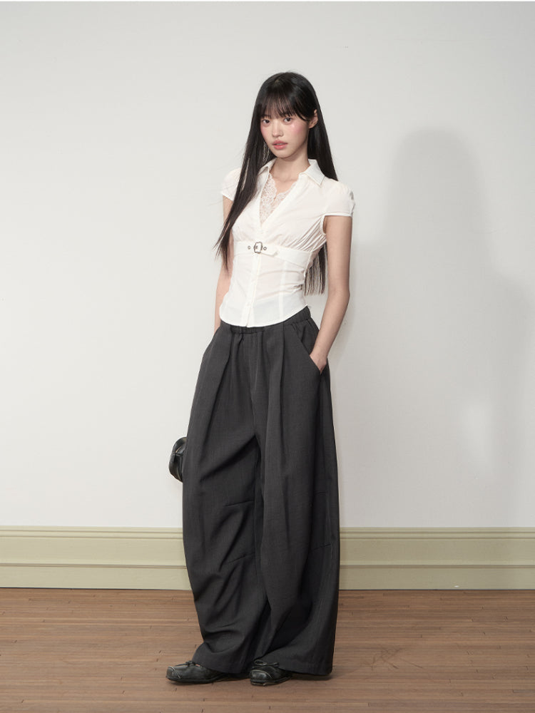 Waist Lace V - neck Shirt