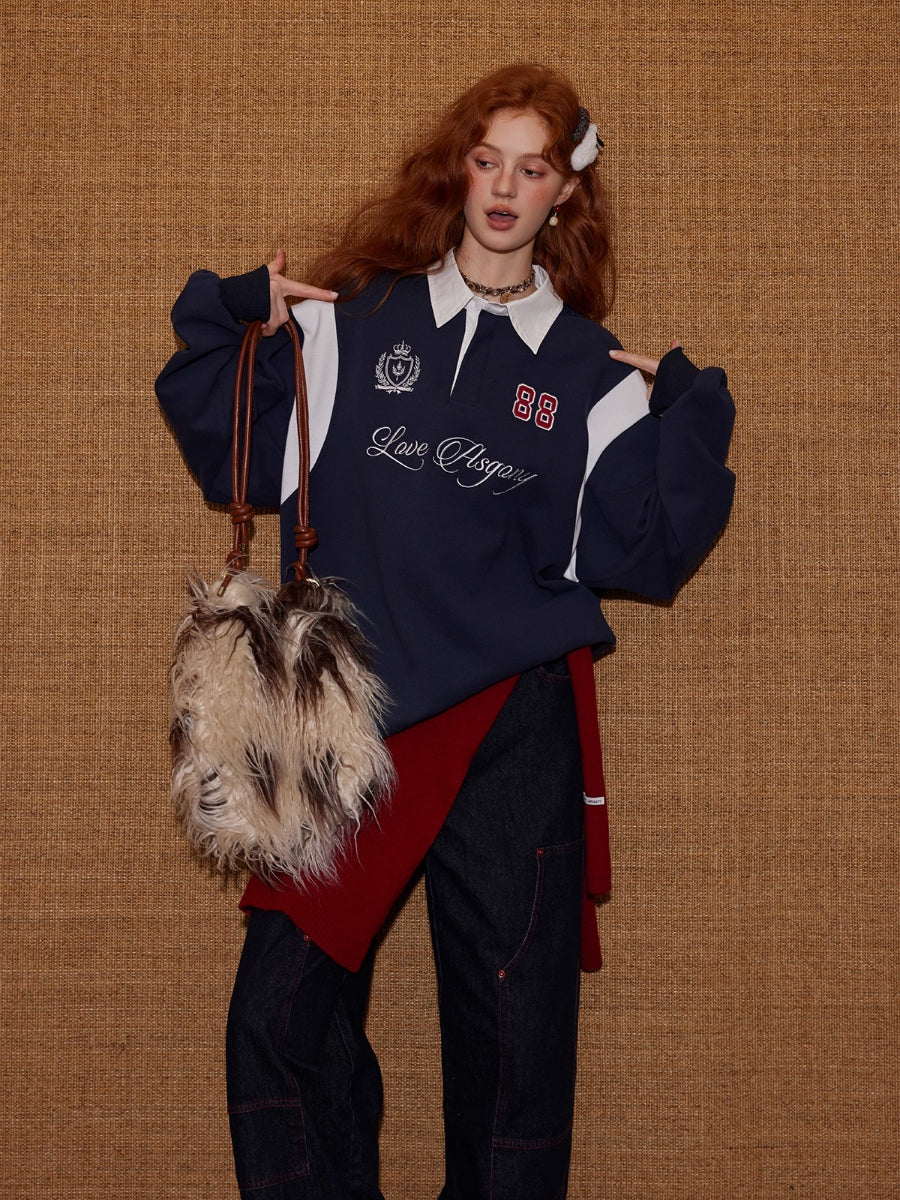 Contrast Collar Embroidered Drawstring Sweatshirt