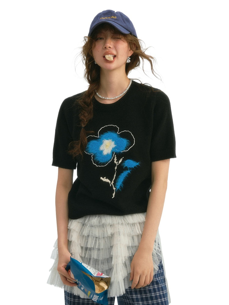 Embroidered Flower Knit Short Sleeve T-shirt