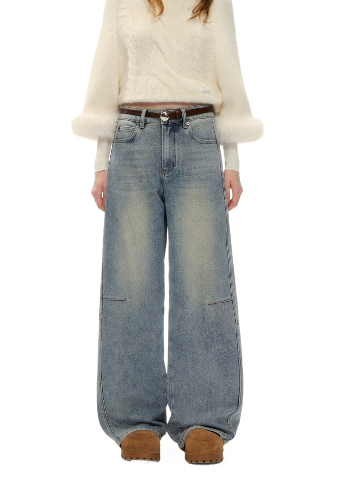 Washed Denim Curved-Cut Pants