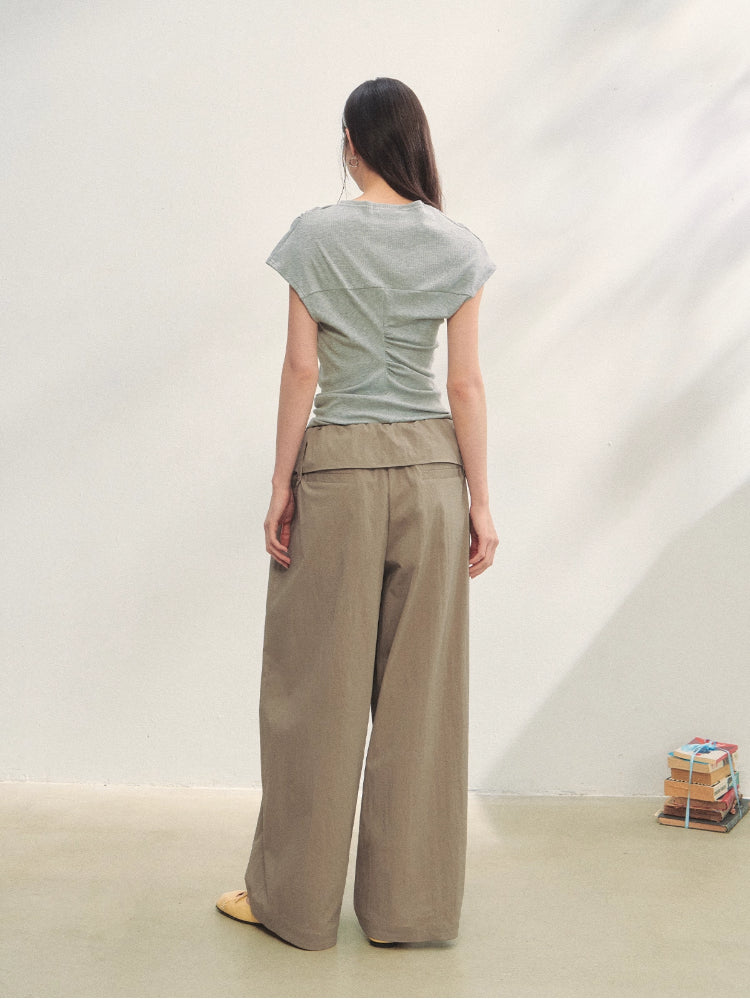 Elastic Pleated Crew Neck T-shirt