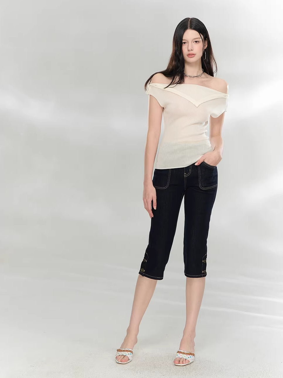 Layered Collar Off-Shoulder Knit Top