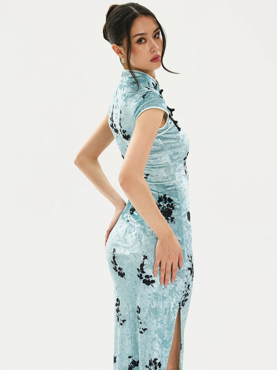 Light Blue Ink Floral Qipao Dress