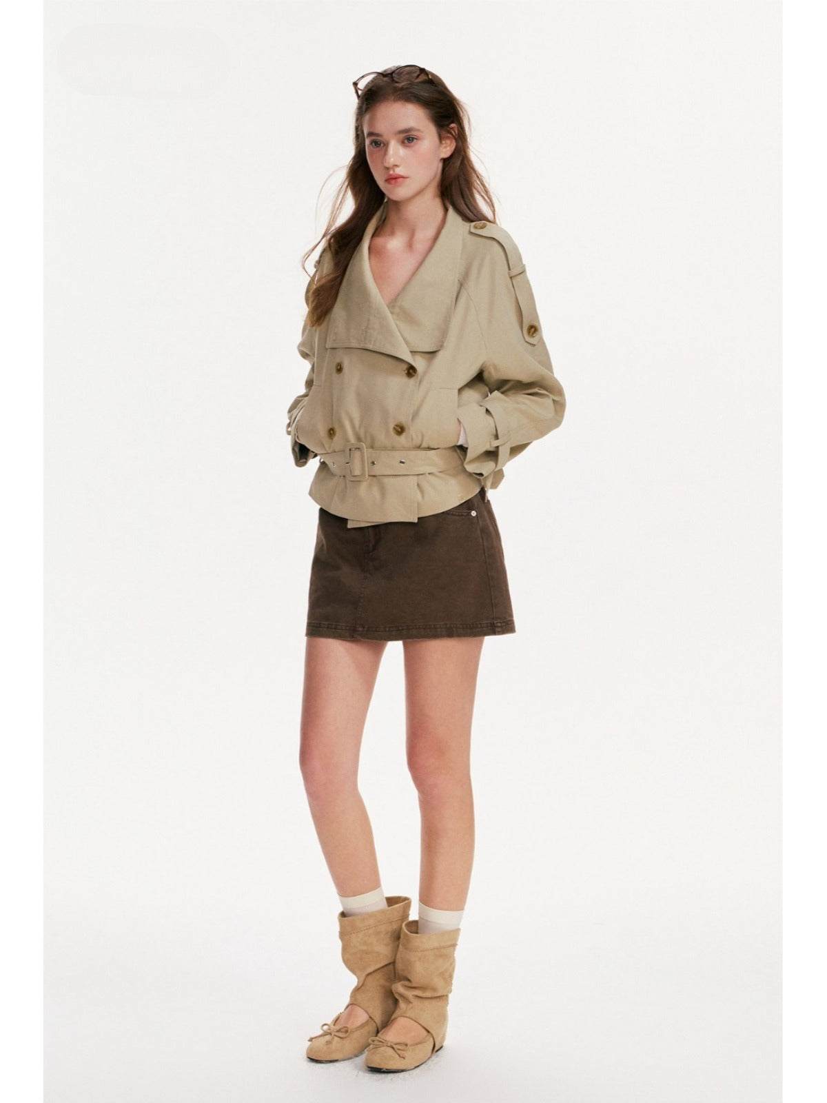 Double-Breasted Belted Cropped Trench Coat