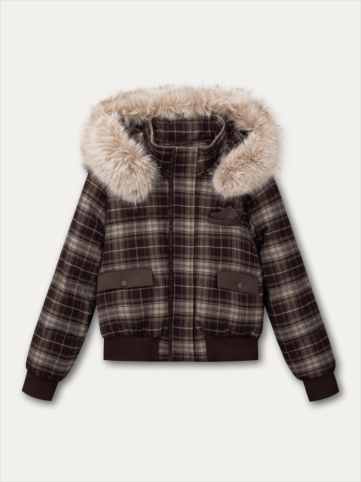 Plaid Floral Faux-Fur Down Jacket