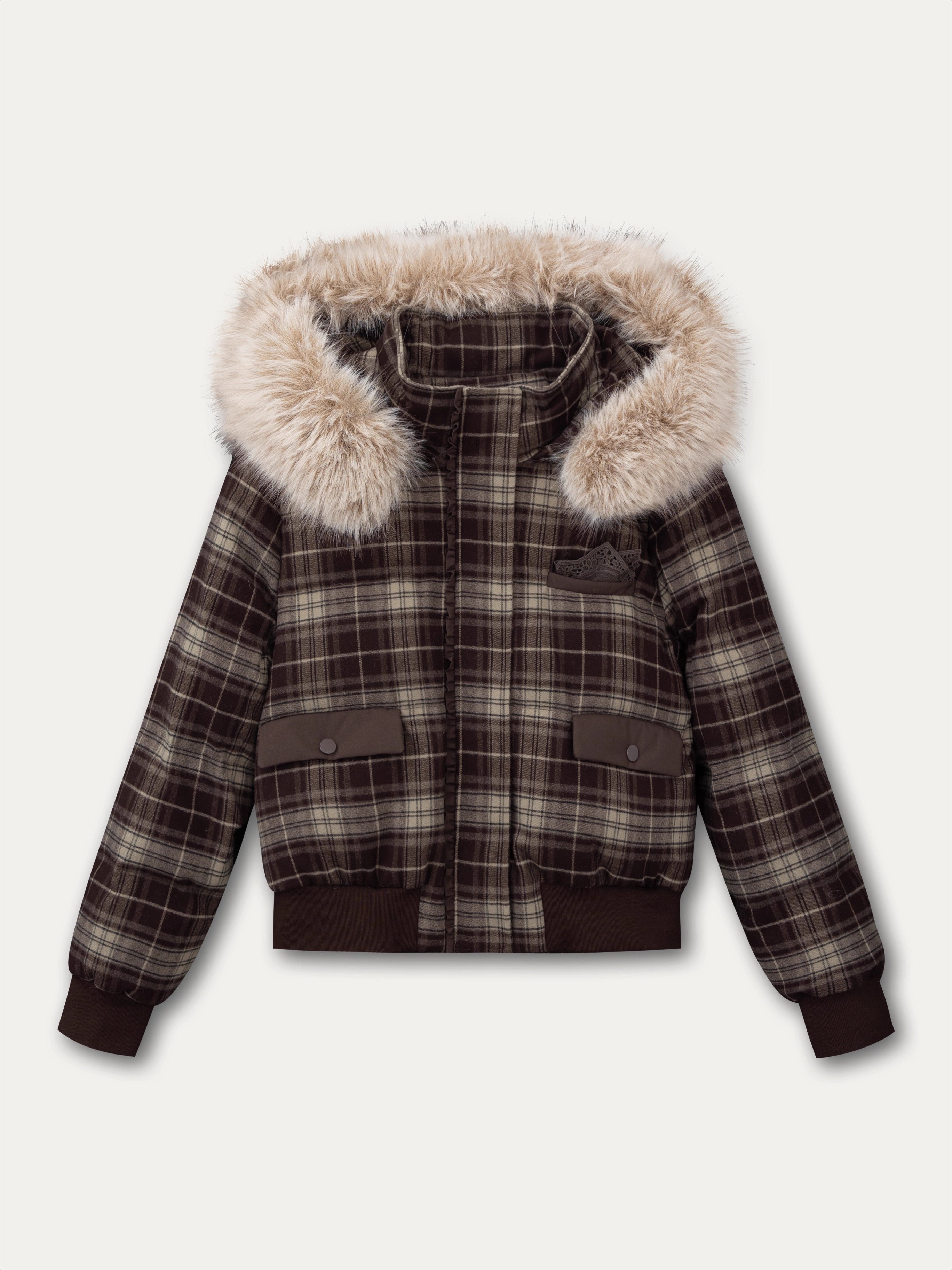 Plaid Floral Faux-Fur Down Jacket