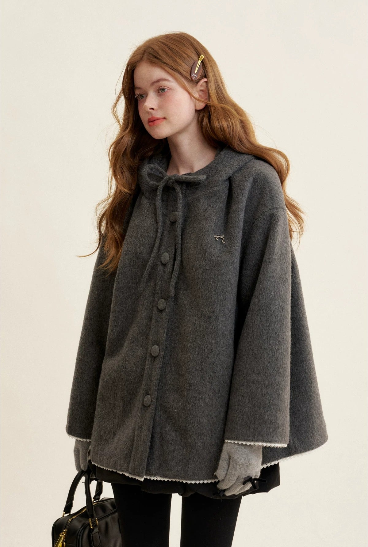 Gray Bow Hooded Cape Coat
