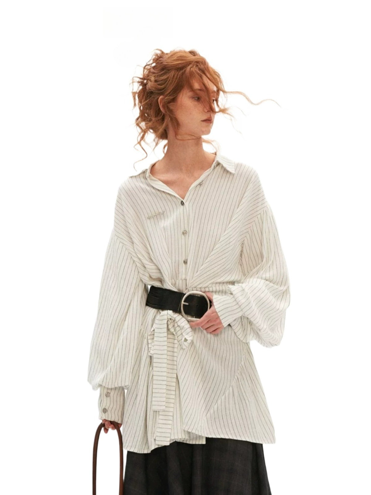 Striped Linen Tie Waist Long Shirt
