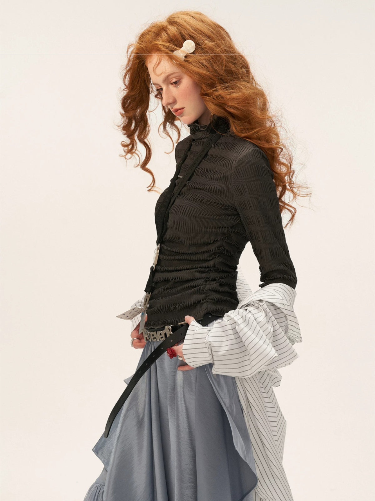 Textured High-Neck Slim Knit Top