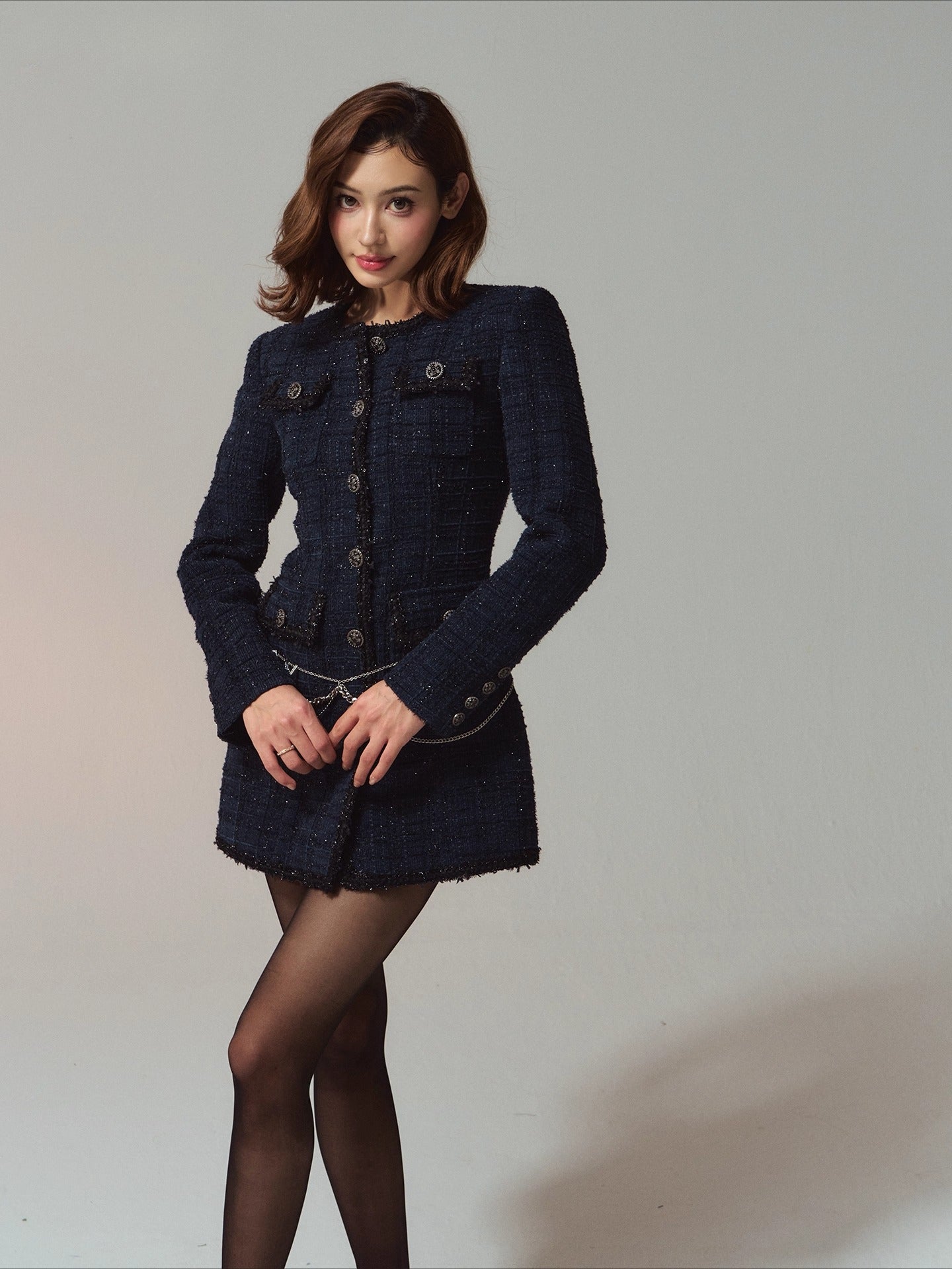 Scottish Wool-Blend Tweed Vintage Navy Fitted Dress