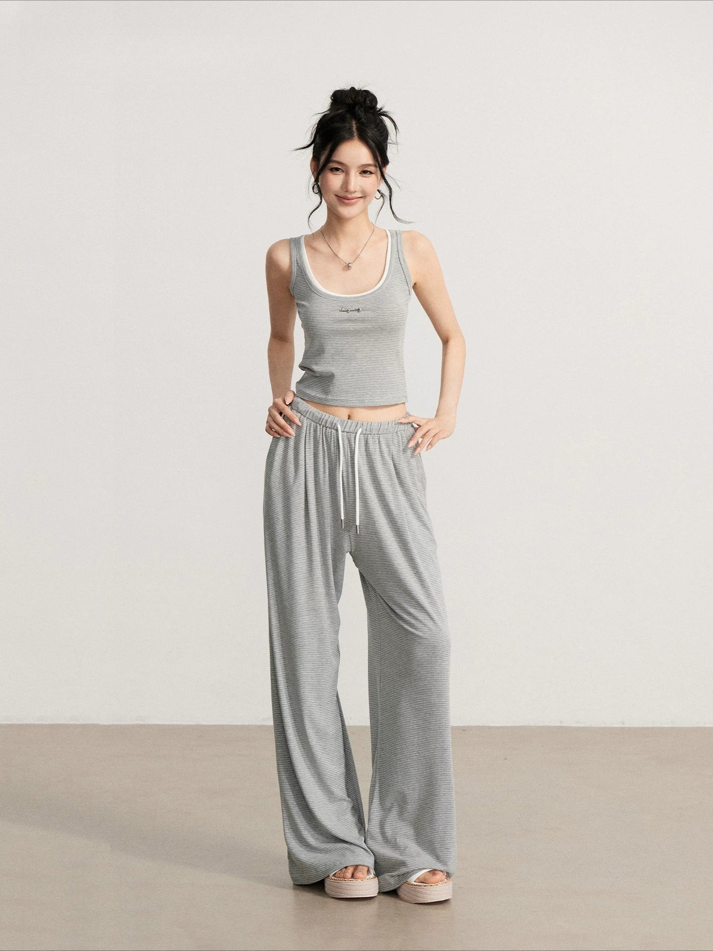 Navy & Gray Striped Tank Pants Set