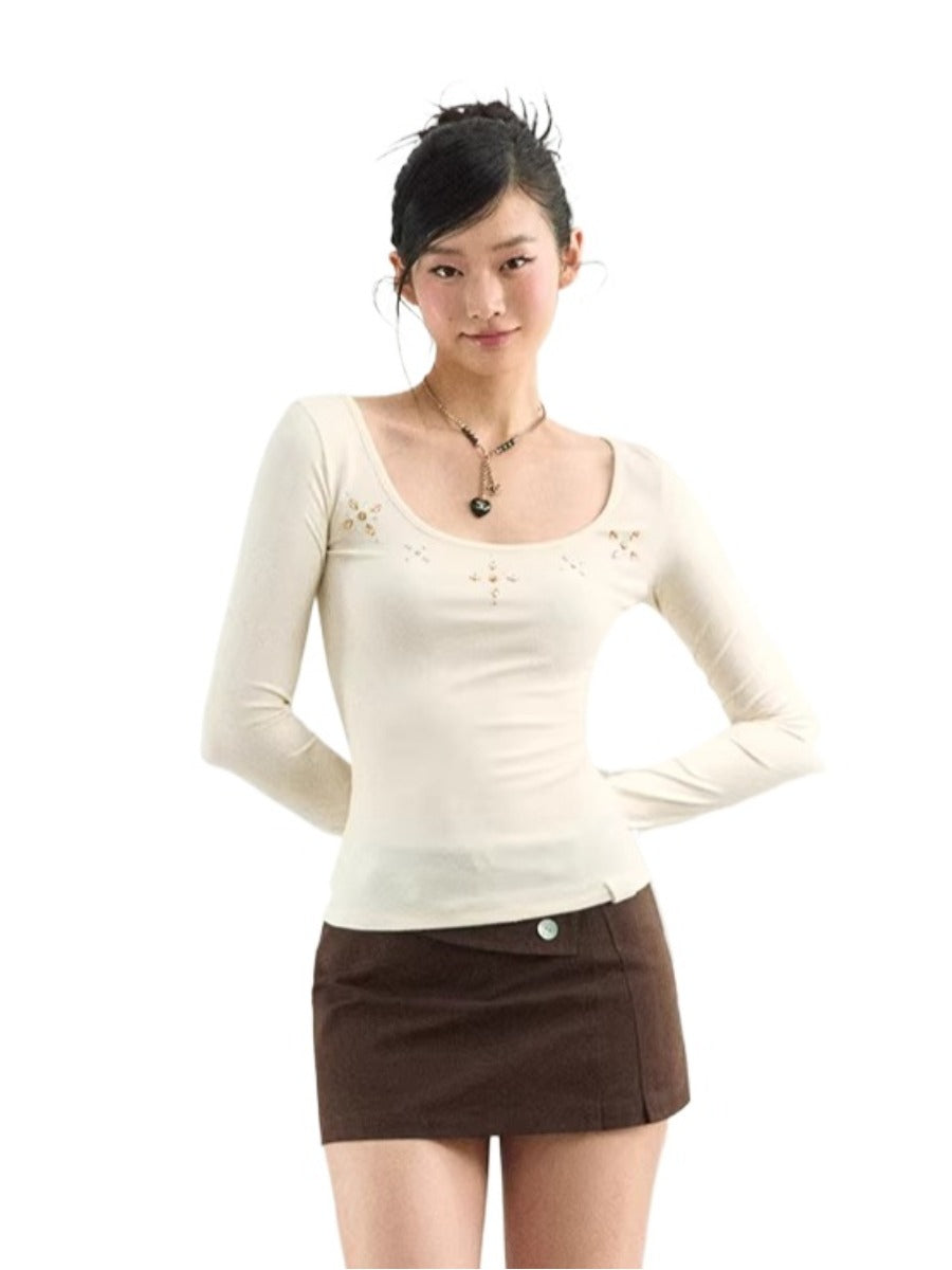 Rhinestone Knit U-Neck Tee