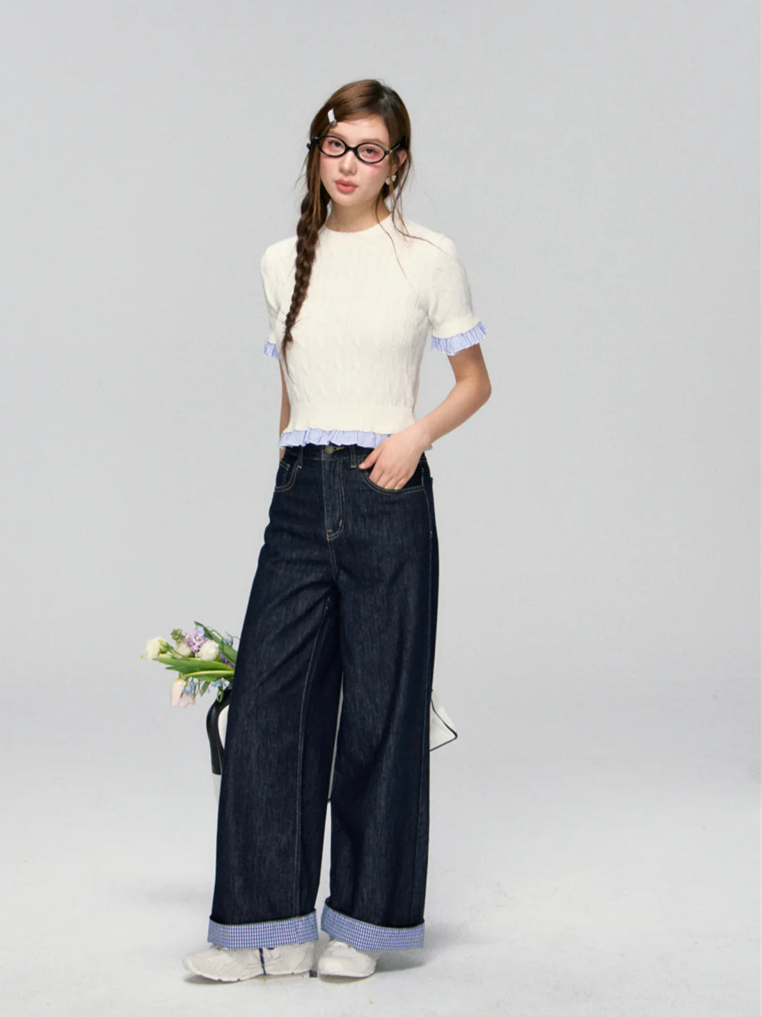 Color-block Plaid Patchwork Straight-leg Jeans