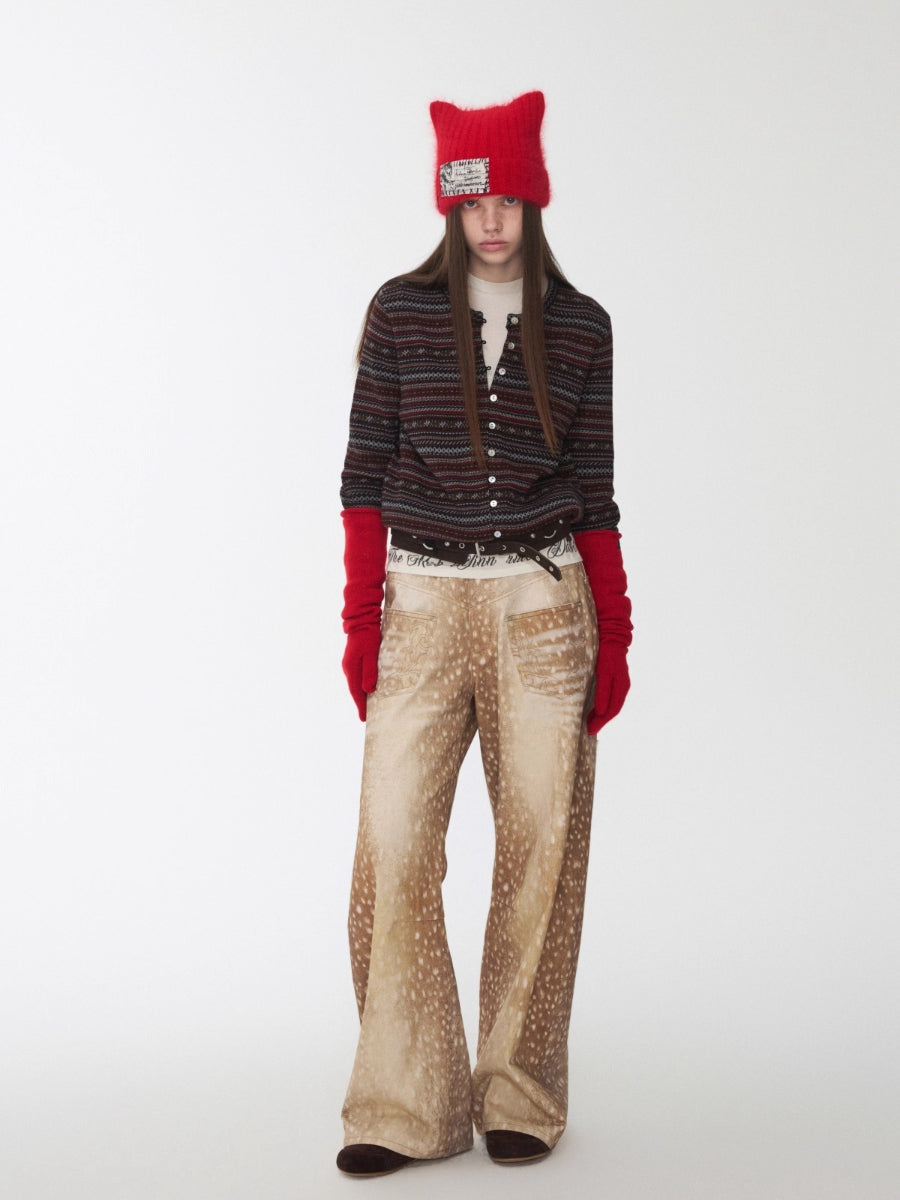 Vintage Deer Print Curved-Leg Canvas Pants