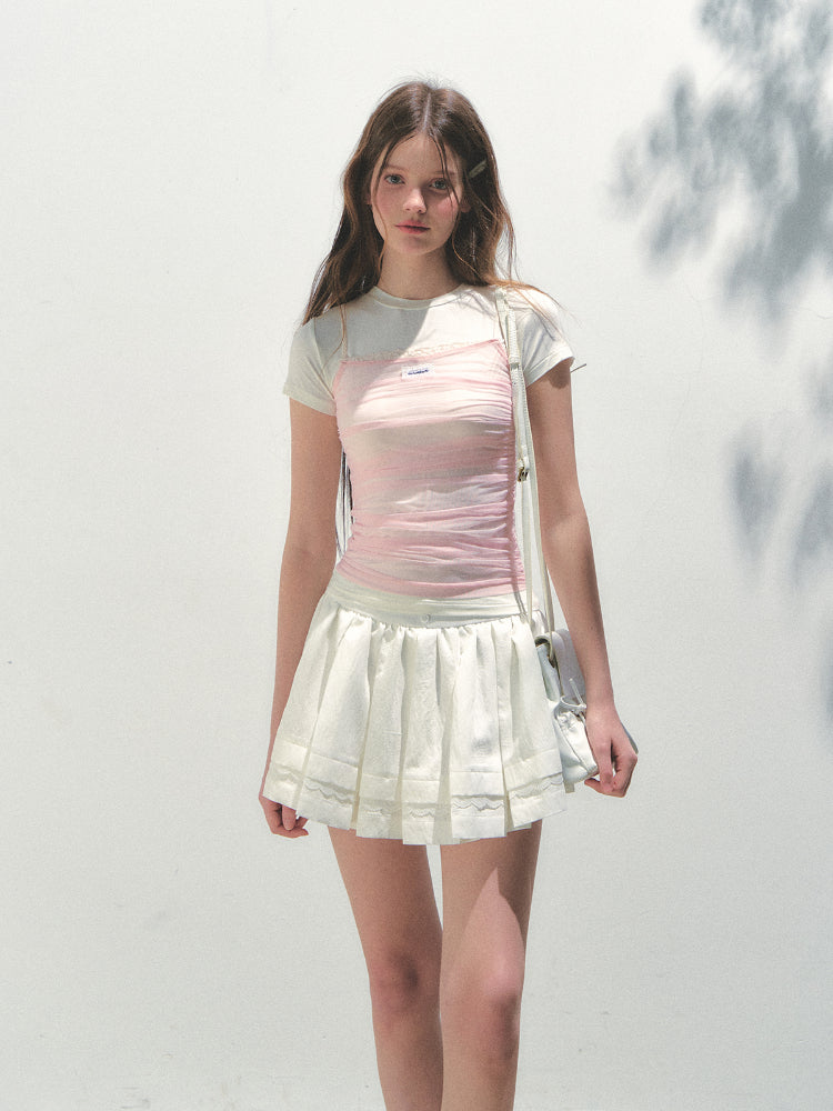 Contrast Color Fake Two-piece Mesh Lace Short-sleeve T-shirt