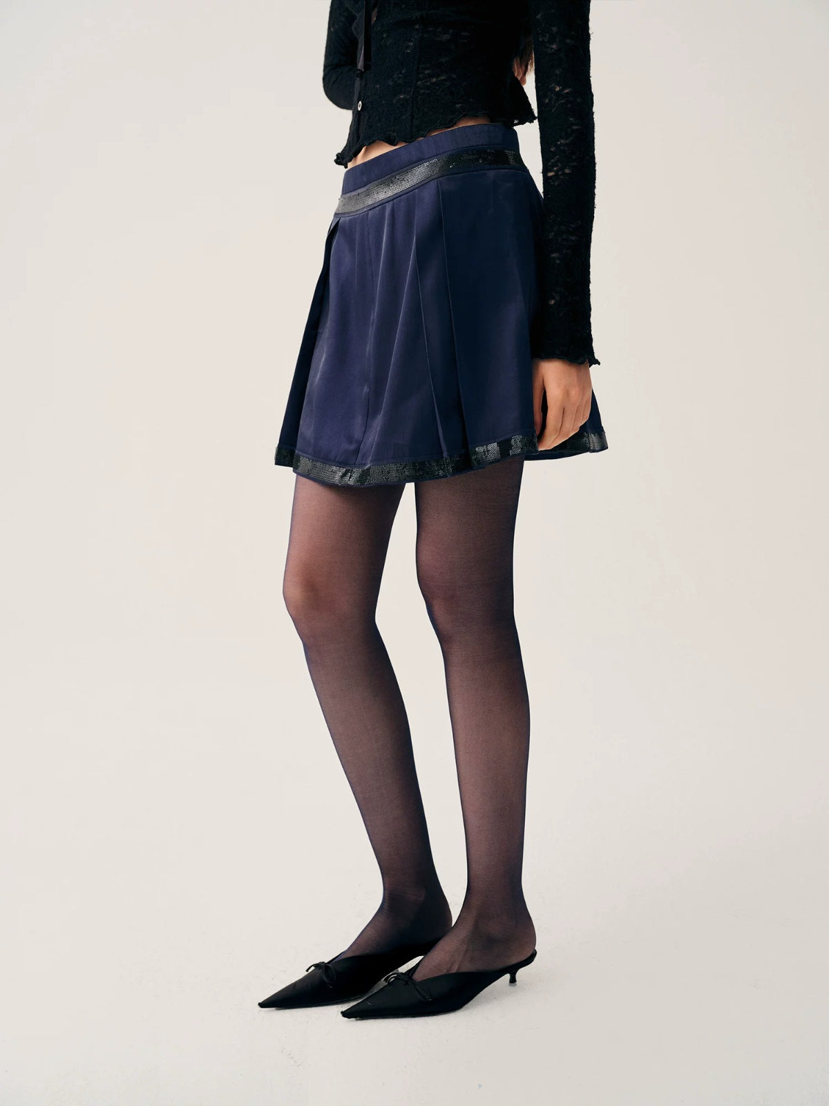 Navy Sequin Pleated Mini Skirt
