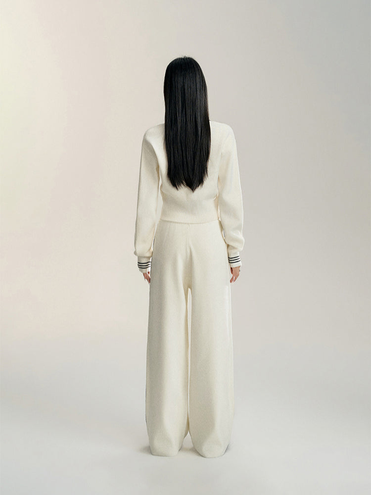 Black & Off-white V-neck Knitted Cardigan Set