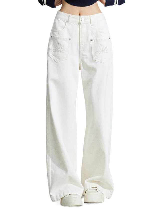 Beige Embroidered Pocket Jeans