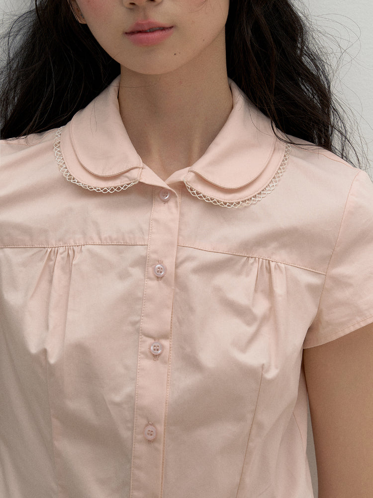 Pink Embroidered Collar Lace Shirt
