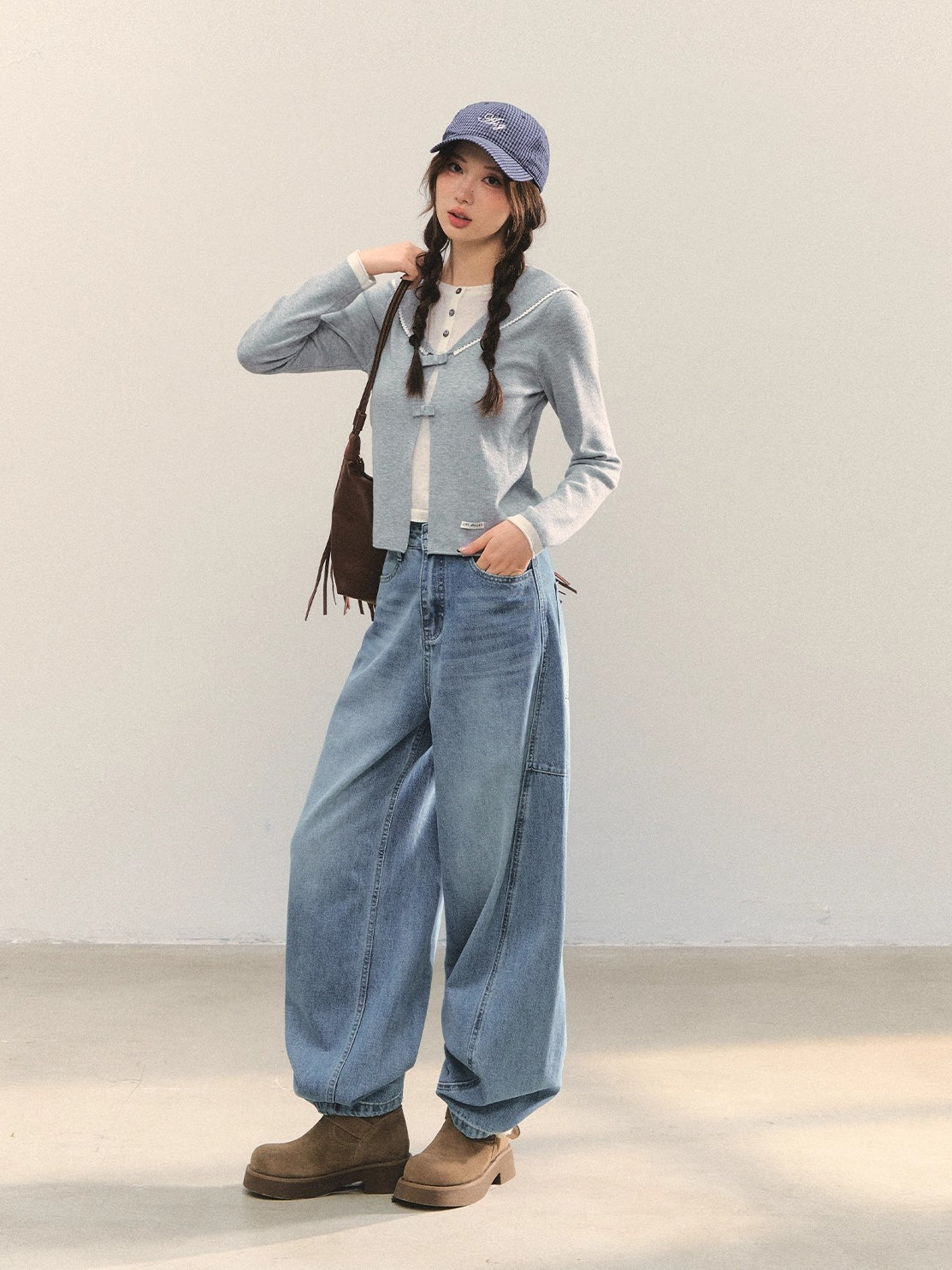 Navy Blue & Gray Sailor-Bow Knit Cardigan